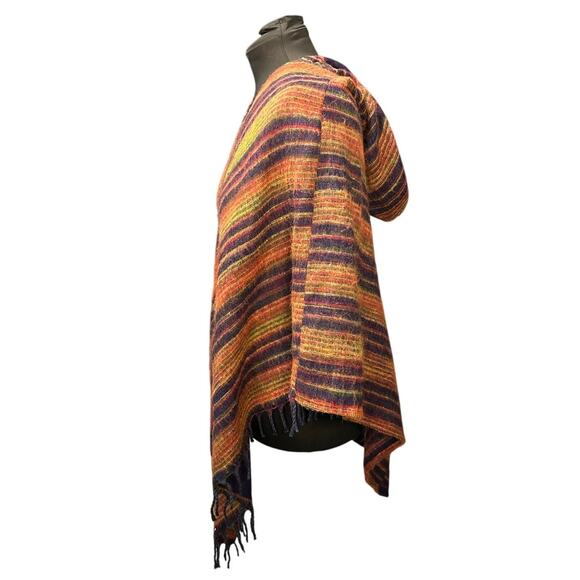 Colorful Wool Striped Hooded Poncho Cape with Fringe One Size - Picture 2 of 7